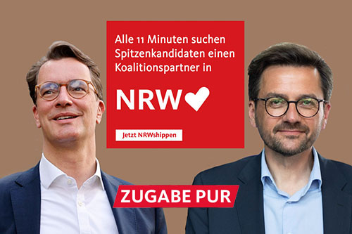 Satirische Fotomontage: Werbung der Singlebörse Parship, die hier NRWship heißt, mit Hendrik Wüst und Thomas Kutschaty | Bildquelle: imago / LAIF | Montage: WDR (Heimer)